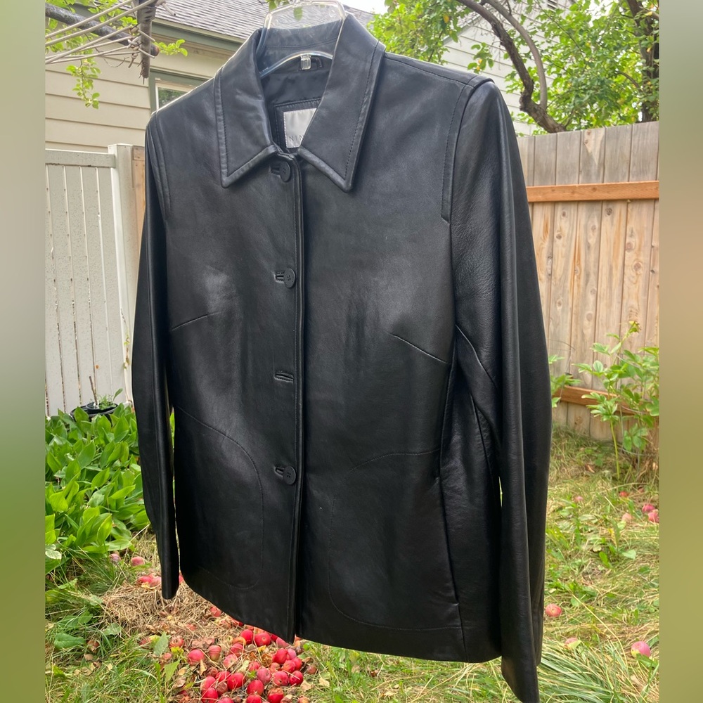 Nine West Women’s Black Leather Jacket- Button front slip-on classic coat